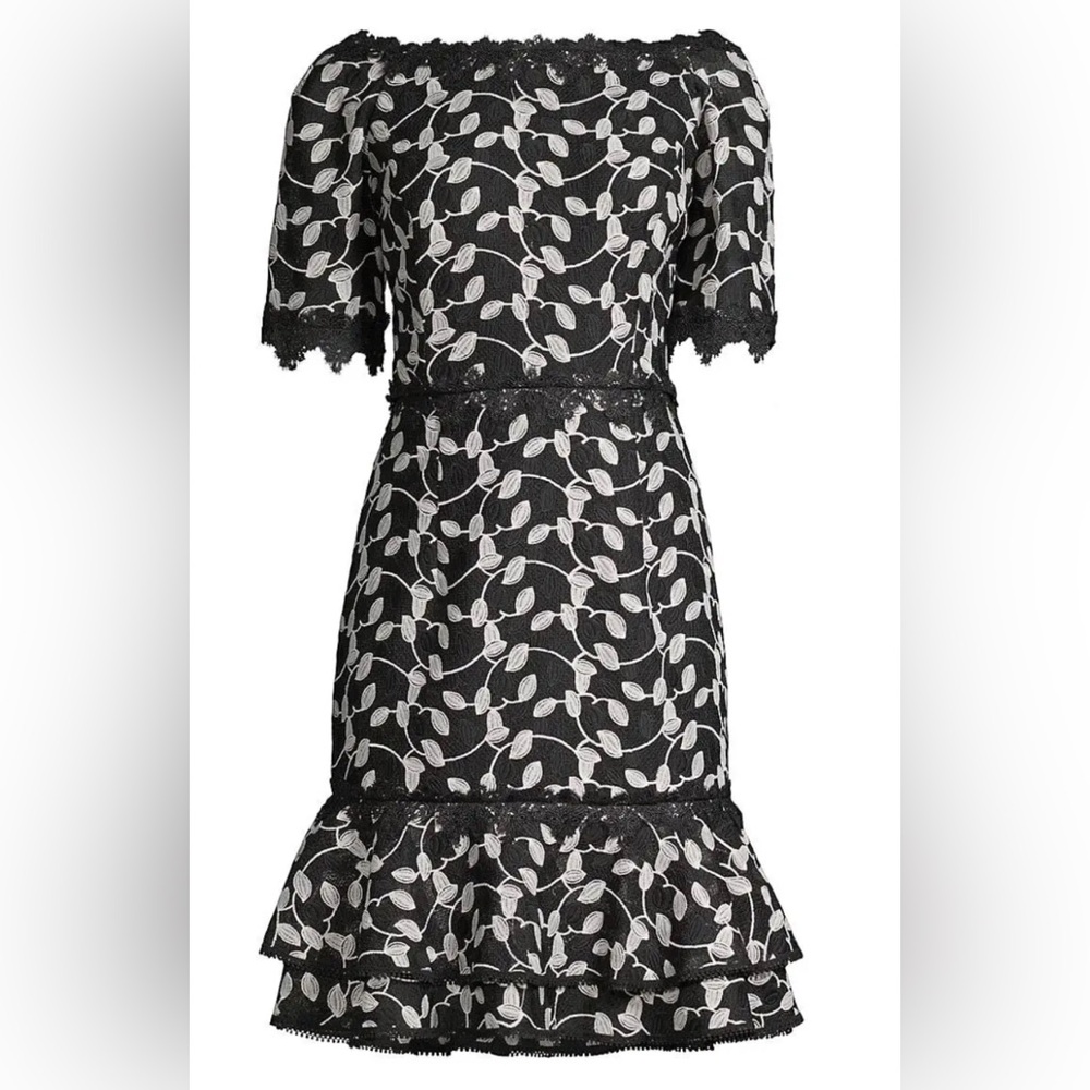 Shani NWT Black/White Two Tone Lace Bateau Neck Ruffle Hem Dress - Picture 10 of 10